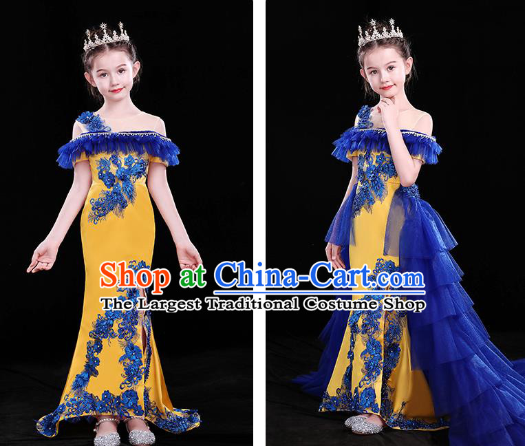 Chinese Girl Compere Full Dress Embroidered Birthday Costume Children Modern Fancywork Clothing