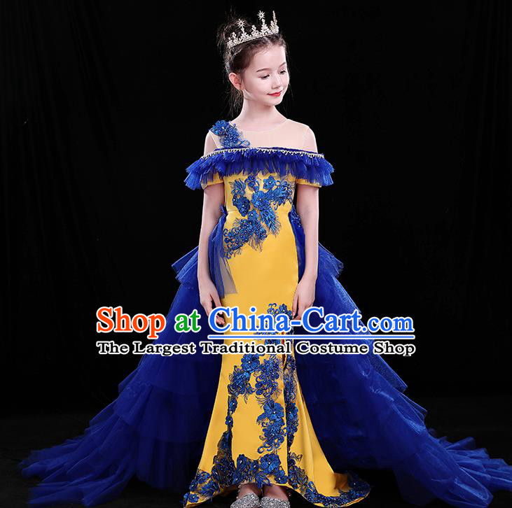Chinese Girl Compere Full Dress Embroidered Birthday Costume Children Modern Fancywork Clothing