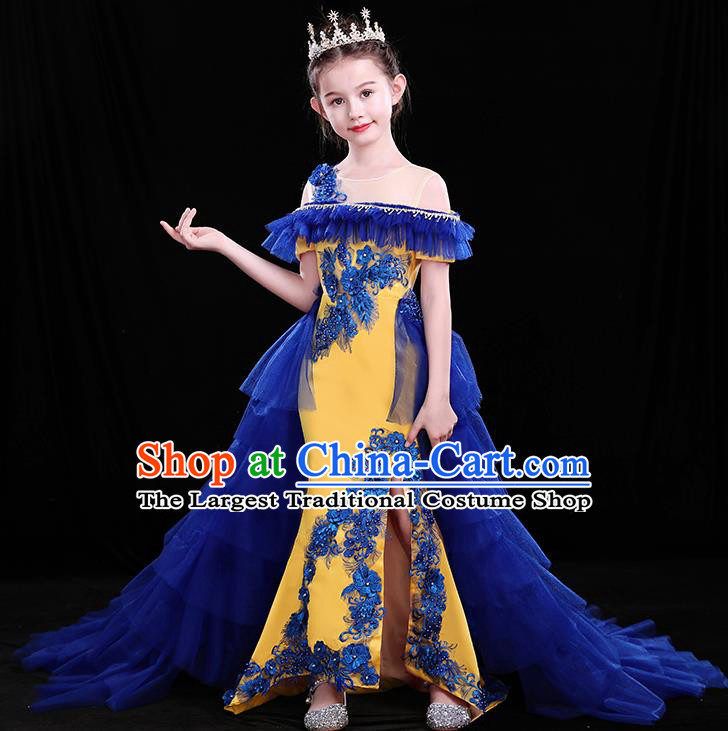 Chinese Girl Compere Full Dress Embroidered Birthday Costume Children Modern Fancywork Clothing