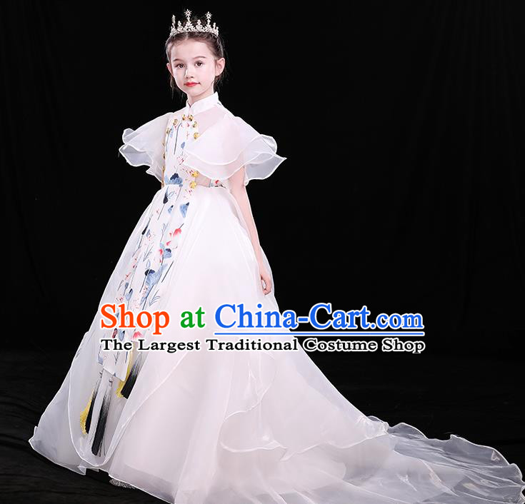 Children Modern Fancywork Clothing Chinese Girl Compere White Full Dress Catwalks Printing Lotus Costume
