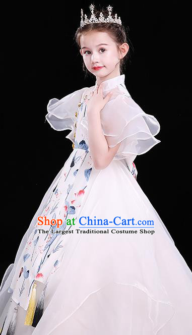 Children Modern Fancywork Clothing Chinese Girl Compere White Full Dress Catwalks Printing Lotus Costume