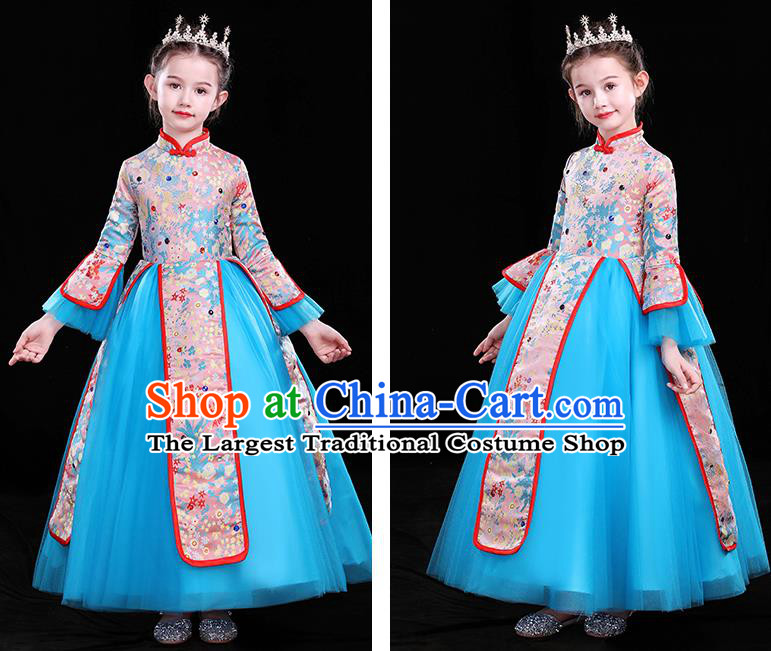 Top Catwalks Blue Veil Costume Children Modern Fancywork Clothing Chinese Girl Compere Full Dress