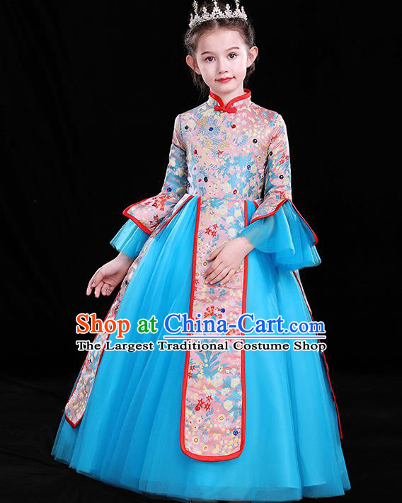 Top Catwalks Blue Veil Costume Children Modern Fancywork Clothing Chinese Girl Compere Full Dress