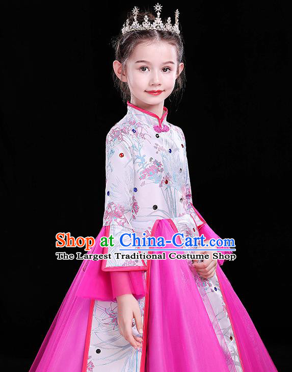 Top Girl Compere Full Dress Catwalks Megenta Veil Costume Children Modern Fancywork Clothing Chinese