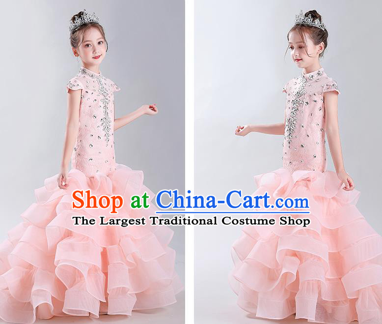 Children Modern Fancywork Clothing Girl Compere Pink Full Dress Catwalks Princess Formal Costume