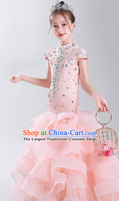 Children Modern Fancywork Clothing Girl Compere Pink Full Dress Catwalks Princess Formal Costume