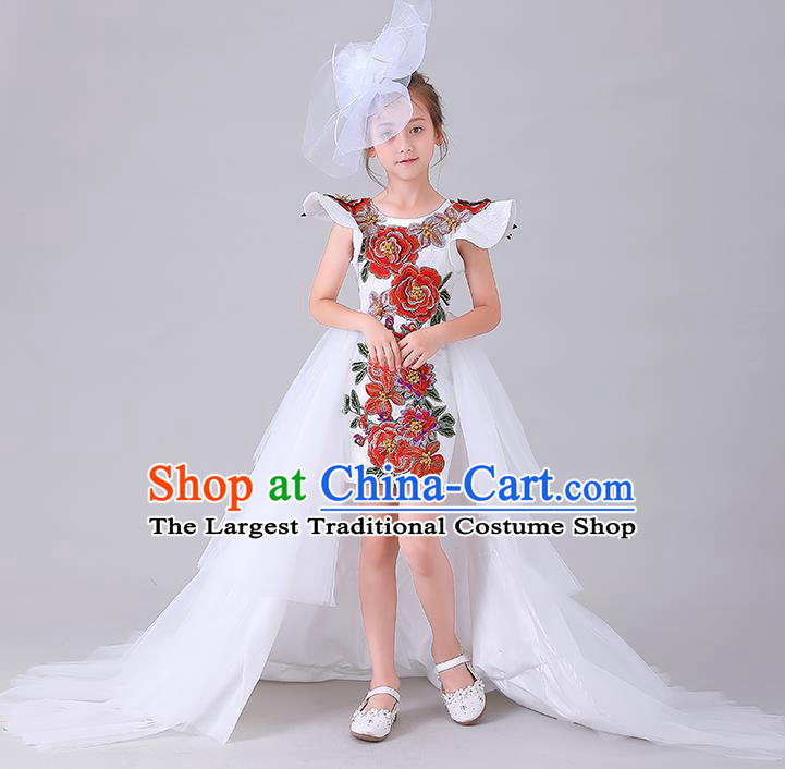 Children Catwalks Embroidered Costume Stage Show Princess Clothing Girl Compere White Full Dress