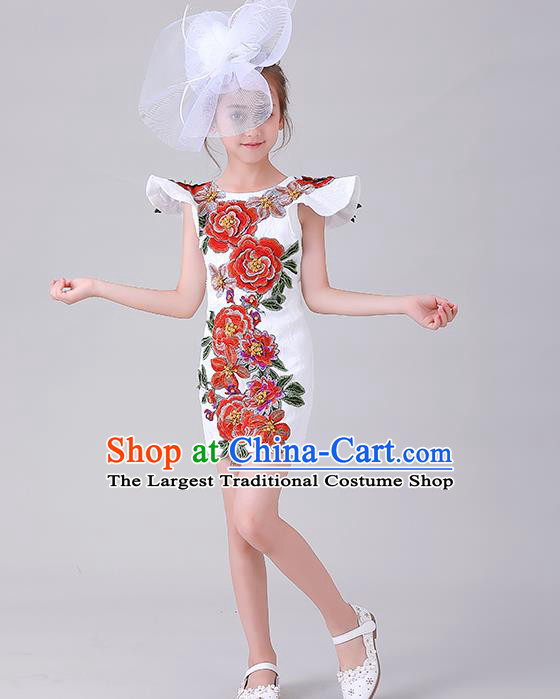 Children Catwalks Embroidered Costume Stage Show Princess Clothing Girl Compere White Full Dress