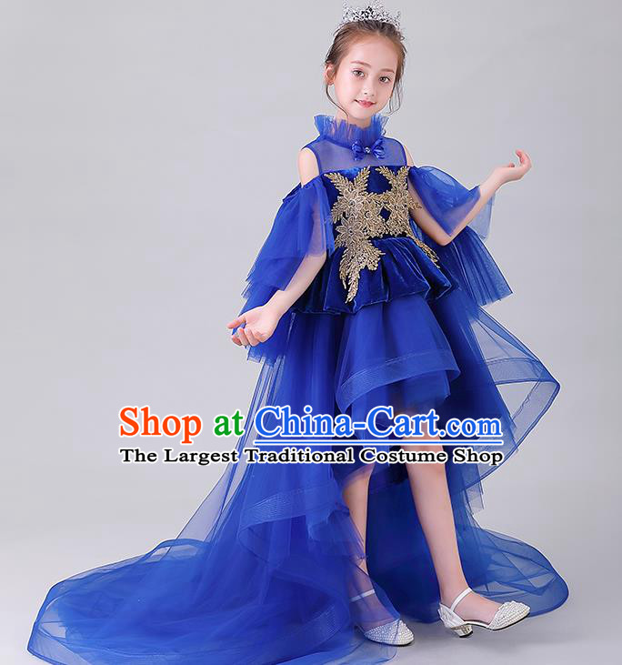 Girl Compere Royal Blue Full Dress Children Catwalks Embroidered Costume Stage Show Princess Clothing