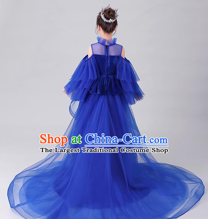 Girl Compere Royal Blue Full Dress Children Catwalks Embroidered Costume Stage Show Princess Clothing