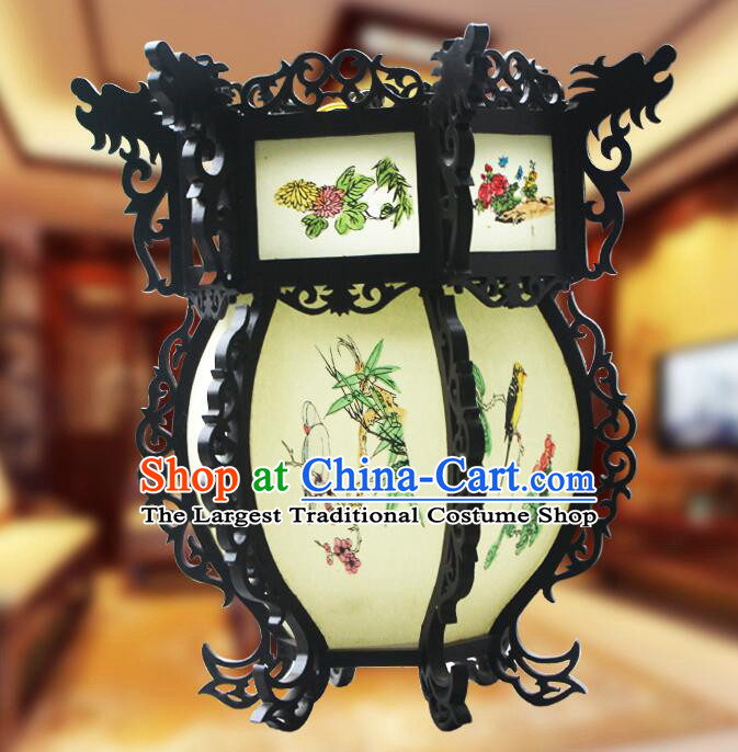 Ancient China Wooden Floor Lantern Handmade Hexagonal Palace Lamp Painted Flower and Bird Pattern Lantern