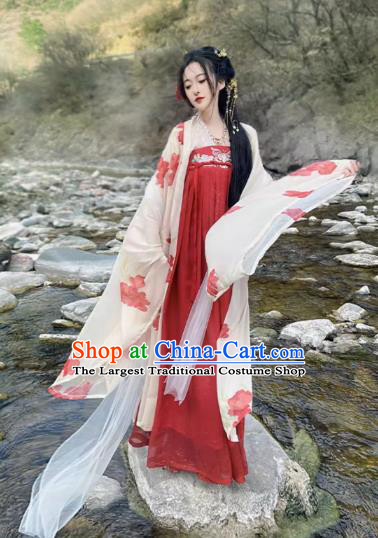China Ancient Princess Red Dress Tang Dynasty Young Lady Clothing Traditional Woman Costumes Flower Fairy Hanfu