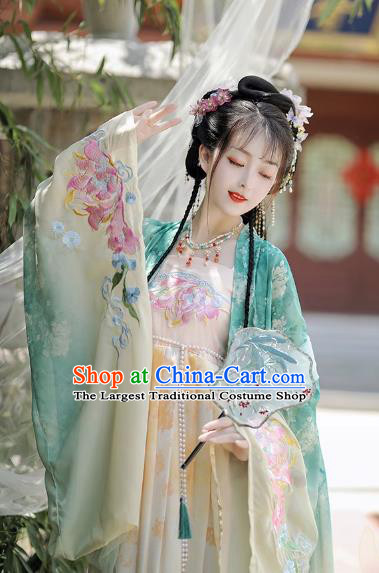 China Traditional Hanfu Hezi Dress Ancient Princess Light Green Costumes Tang Dynasty Young Woman Clothing