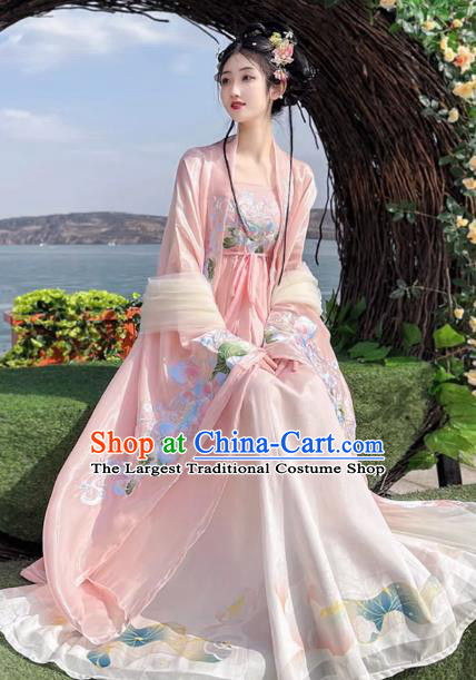 China Ancient Goddess Costumes Tang Dynasty Palace Princess Clothing Traditional Hanfu Pink Hezi Dress