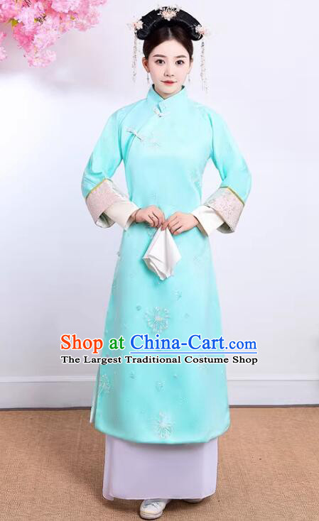 China Qing Dynasty Court Lady Clothing TV Series Manchu Woman Blue Dress Ancient Royal Princess Costumes