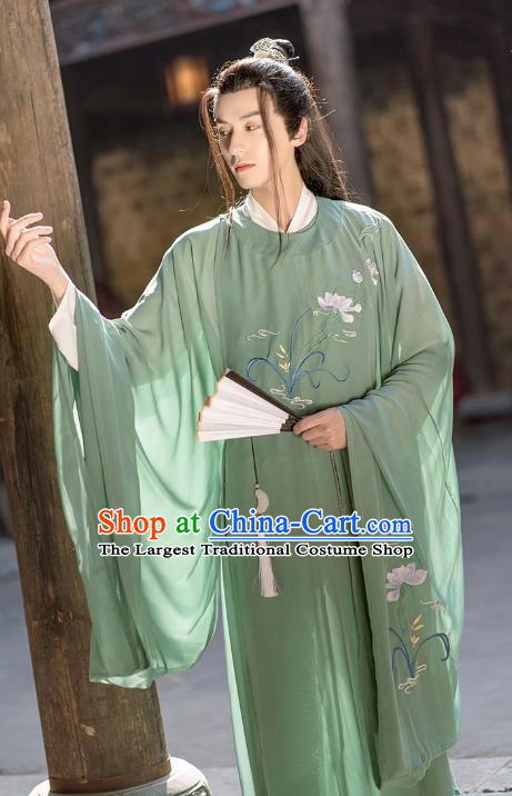 China Song Dynasty Scholar Clothing TV Series Swordsman Green Hanfu Outfit Ancient Young Childe Costumes