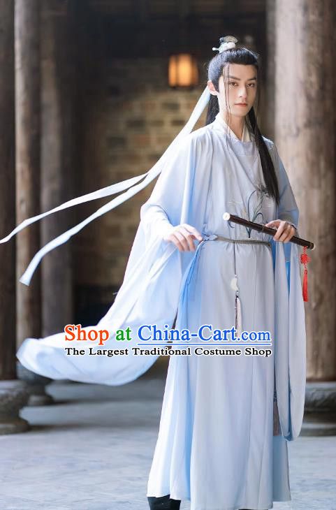 Ancient Chinese Costumes Young Childe Outfit Song Dynasty Scholar Clothing TV Series Swordsman Blue Hanfu Set