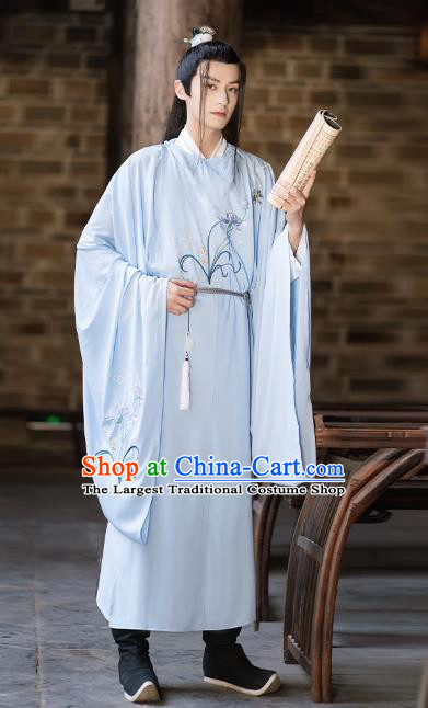 Ancient Chinese Costumes Young Childe Outfit Song Dynasty Scholar Clothing TV Series Swordsman Blue Hanfu Set