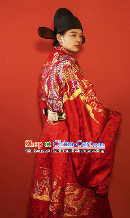 China Traditional Wedding Clothing Ancient Groom Red Costume Ming Dynasty Robes Complete Set