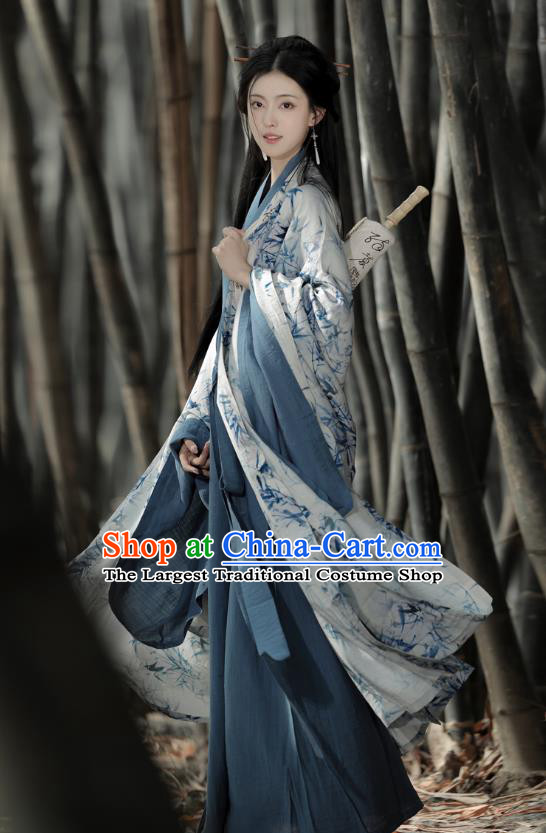 China Traditional Hanfu Printing Bamboo Clothing Ancient Young Woman Costume Jin Dynasty Female Swordsman Dresses