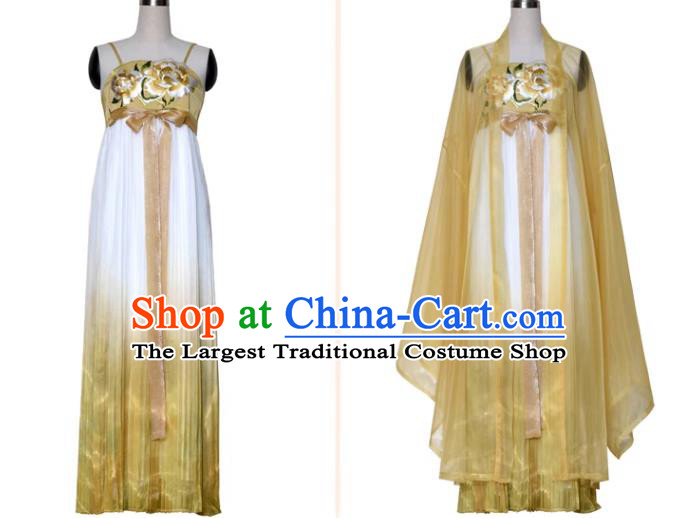 China Ancient Palace Lady Costumes Tang Dynasty Princess Yellow Dresses Traditional Hanfu Embroidered Hezi Qun Clothing