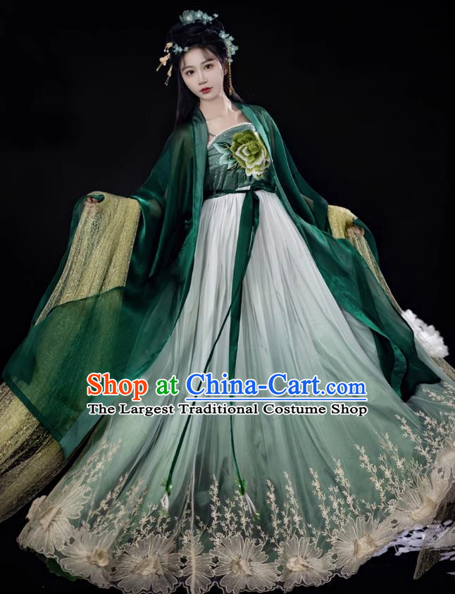 China Tang Dynasty Royal Princess Clothing Traditional Hanfu Embroidered Hezi Qun Ancient Court Woman Green Dresses