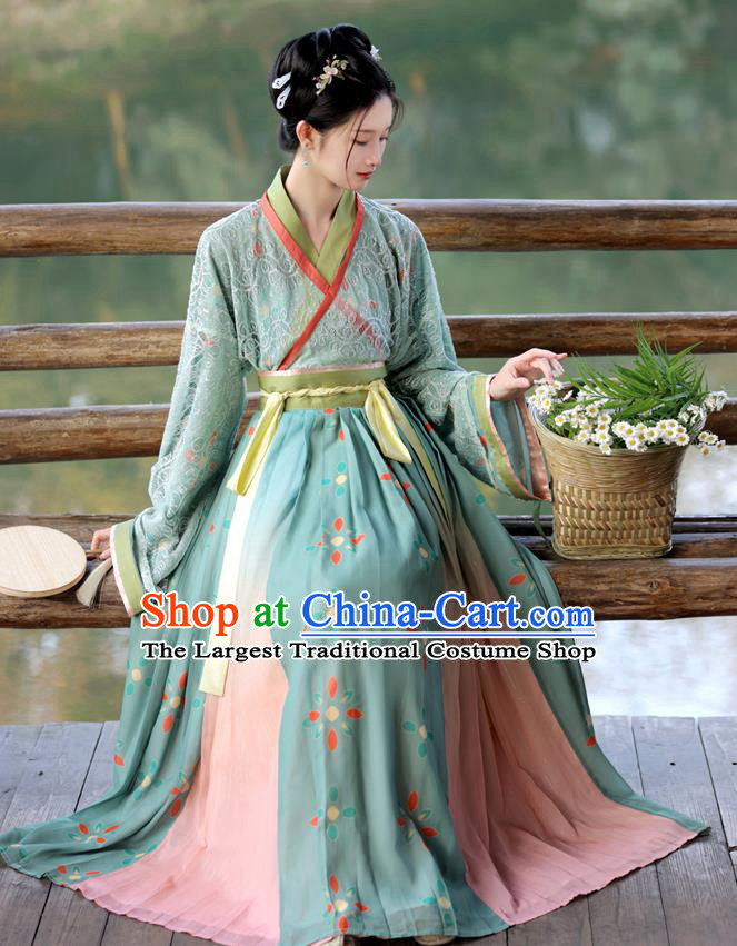 China Ancient Young Woman Green Dresses Jin Dynasty Female Clothing Traditional Hanfu Blouse and Skirt Complete Set