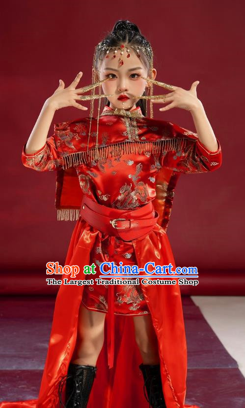 Girls Cheongsam Chinese Trend Clothing National Tide Catwalk Dress Skirt Suit Red Model Costumes Children Republic Of China Style