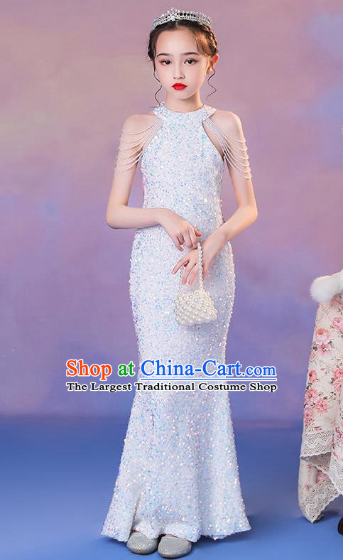 Girls Evening Dress Temperament Slim Mermaid Skirt Sequin Trailing Dress Children Host Model Catwalk Costumes