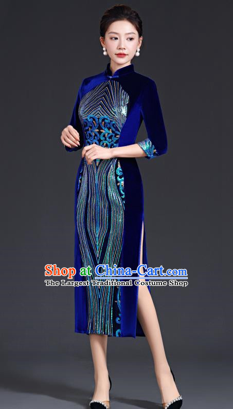 Chinese Style Sapphire Blue Catwalk Cheongsam Long Three Quarter Sleeve Velvet Mother Model Team Costume