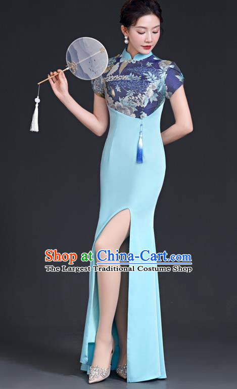 Top Fishtail Slit Evening Dress Chinese Style Model Catwalk Group Performance Costume Stage