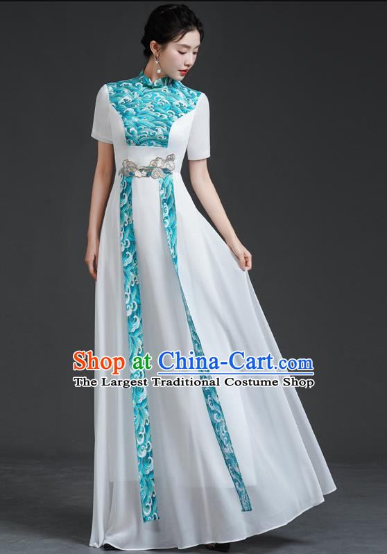 Chinese Style Top Retro Banquet Evening Dress Long White Large Chorus Model Catwalk Costume Chiffon Skirt