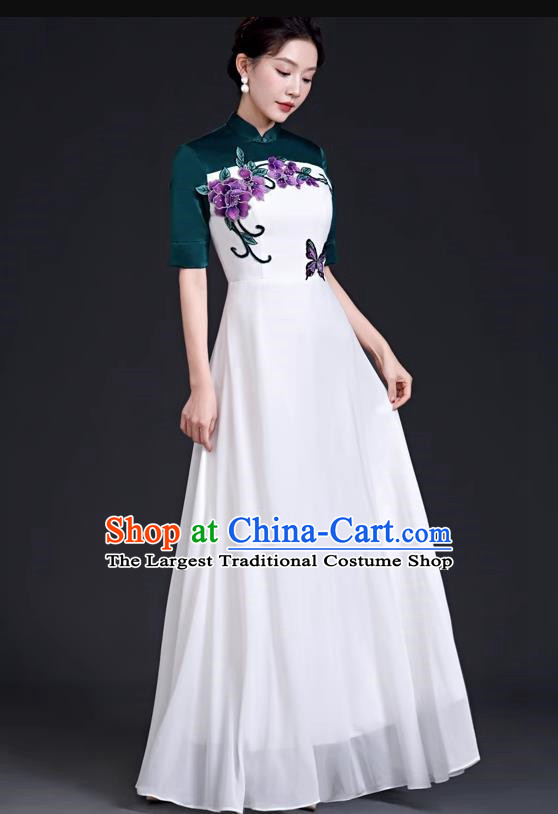 Chinese Style Top Dress Stage Choir Catwalk Cheongsam Performance Clothing Chiffon Long Skirt Hit Color