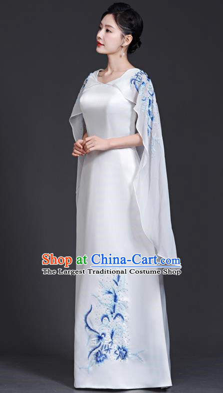 Top Chinese Style Blue And White Porcelain Cheongsam Adult Guzheng Performance Clothing Elegant Model Catwalk White Dress