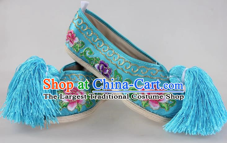 Blue Melaleuca Bottom Peony Flower Embroidered Shoes Huadan Flat Cloth Bottom Opera Color Shoes Xiaodan Cloth Shoes Ancient Costume Performance Chinese Style