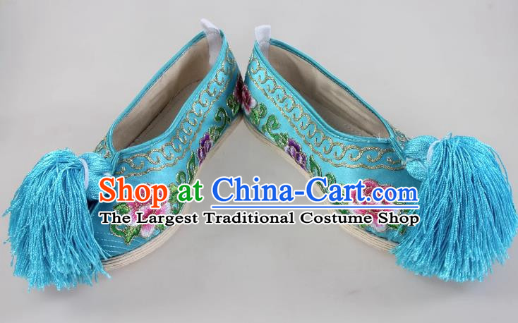 Blue Melaleuca Bottom Peony Flower Embroidered Shoes Huadan Flat Cloth Bottom Opera Color Shoes Xiaodan Cloth Shoes Ancient Costume Performance Chinese Style