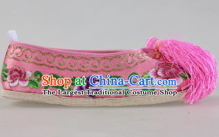 Pink Melaleuca Bottom Peony Flower Embroidered Shoes Huadan Flat Cloth Sole Opera Color Shoes Xiaodan Cloth Shoes Ancient Costume Performance Chinese Style