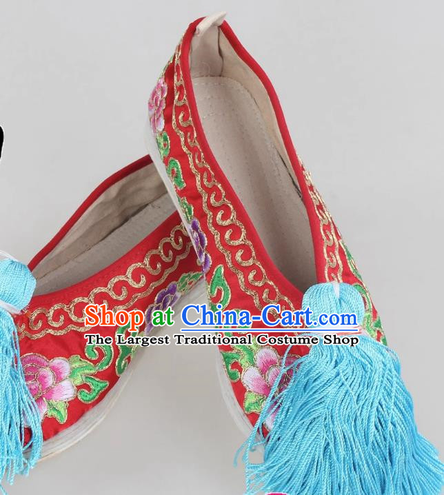 Red Melaleuca Bottom Peony Flower Embroidered Shoes Huadan Flat Cloth Bottom Opera Color Shoes Xiaodan Cloth Shoes Ancient Costume Performance Chinese Style