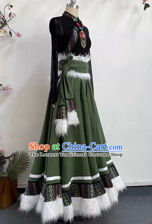 Black Olive Green Tibetan Dance Women Big Swing Skirt Tibetan Clothing Minority Practice Clothing Art Test Practice Performance Clothing