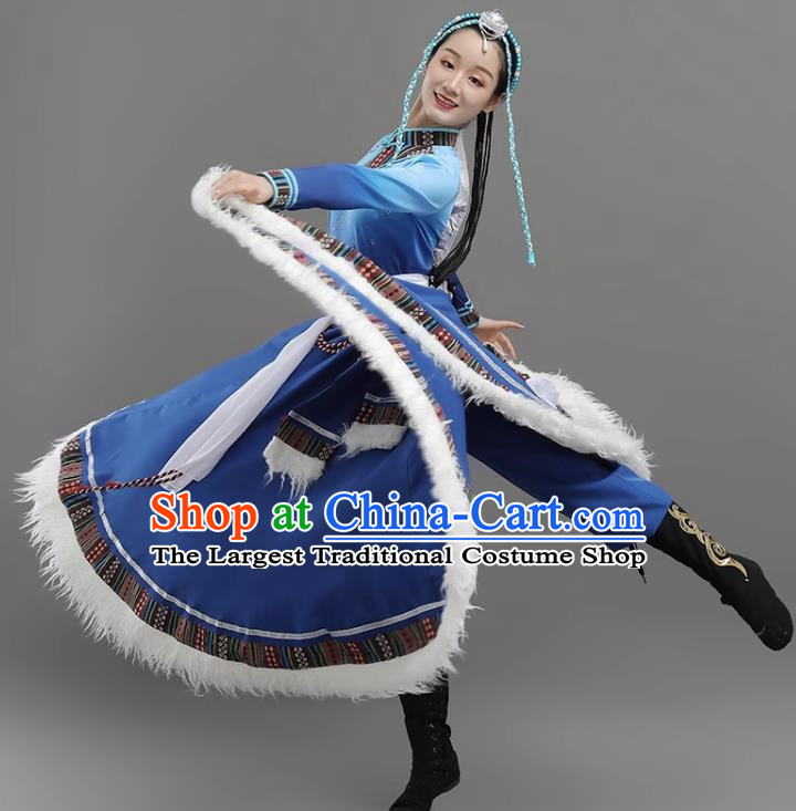 Dark Blue Tibetan Dance Women Big Swing Skirt Tibetan Clothing Ethnic Minority Practice Clothing Art Test Practice Performance Clothing