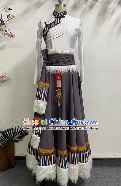 White Brown Tibetan Dance Women Large Swing Skirt Tibetan Clothing Minority Practice Clothing Art Test Practice Performance Clothing