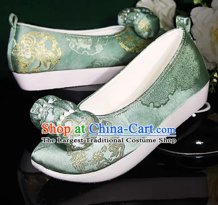 Light Green Hanfu Shoes Women Original Ancient Style Inner Heightening Round Toe Soft Sole Shoes Ming System Horse Face Climbing Cloud Shoes