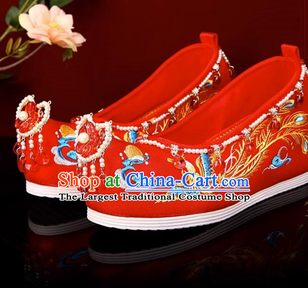 Red Hanfu Shoes Embroidery Inner Increase Original Pearl Chinese Style Xiuhe Shoes Ancient Costume