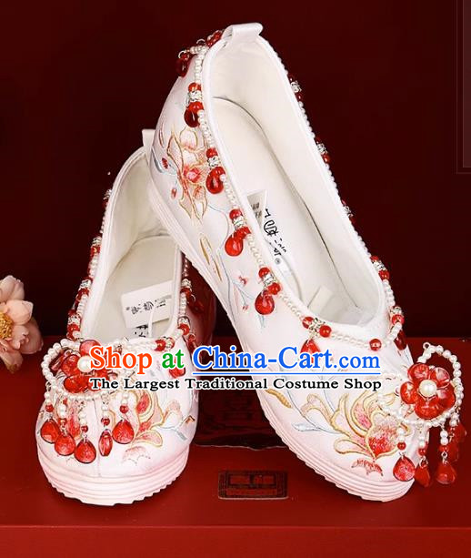 White Color Hanfu Shoes Embroidery Inner Increase Original Pearl Chinese Style Xiuhe Shoes Ancient Costume