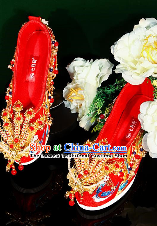 Embroidered Shoes Summer Ming System Red Xiuhe Wedding Shoes Handmade Beaded Phoenix