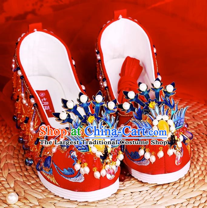 Agate Freshwater Pearl Chinese Style Xiuhe Wedding Shoes Women Embroidered Shoes Red