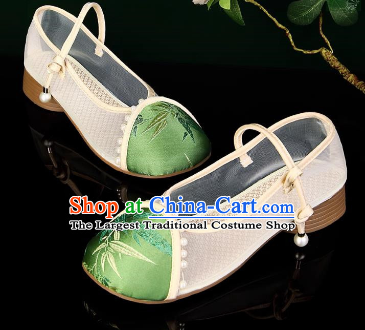 Sandals Pearl Round Toe Buckle Mesh Breathable Sandals Women Antique Hanfu Shoes