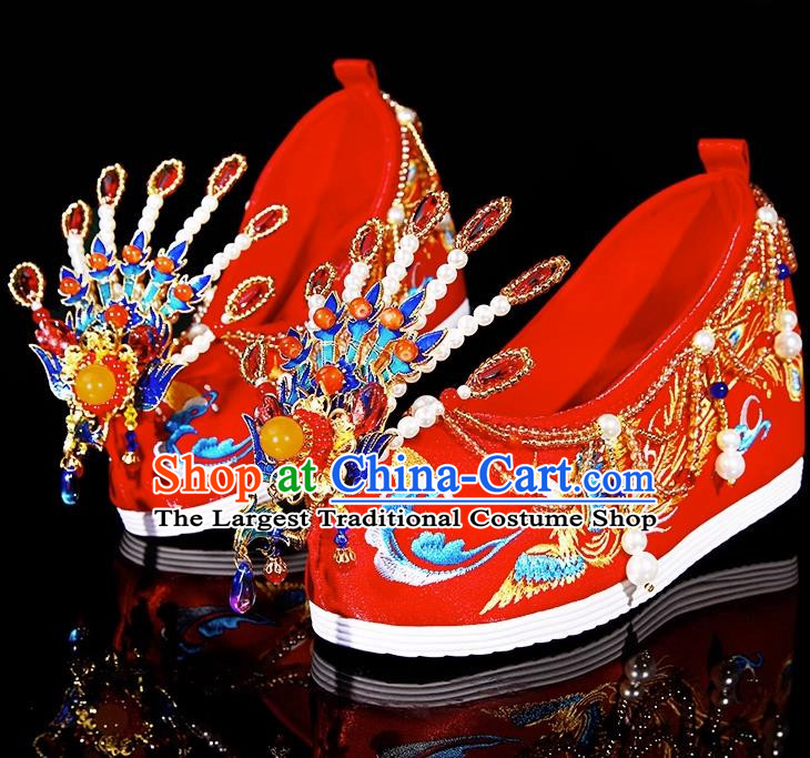 Xiuhe Wedding Shoes Zhenghong Phoenix Ornament Hand Beaded Chinese Embroidery