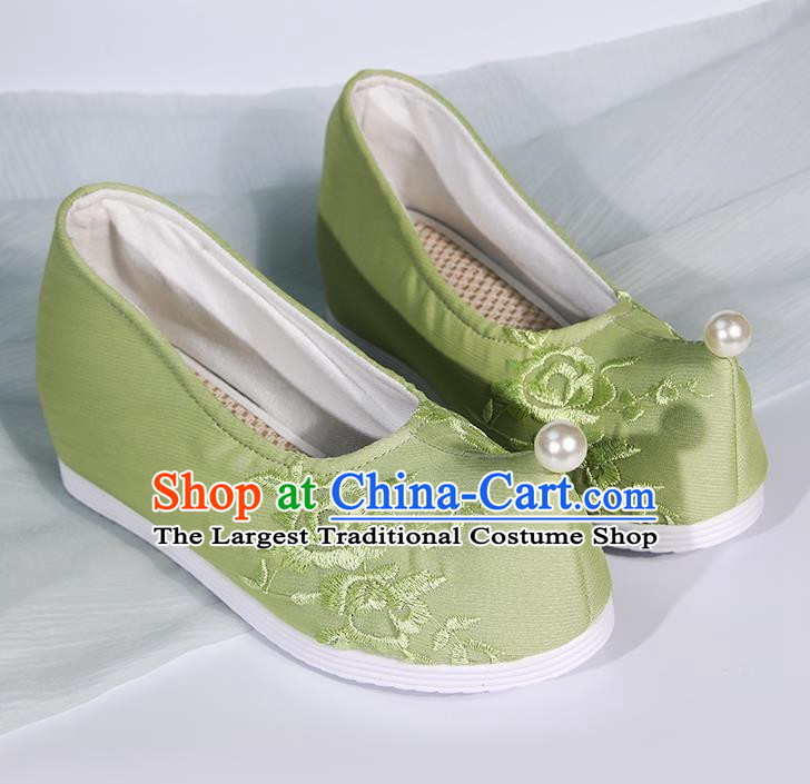 Embroidered Hanfu Shoes Women Green Pearl Inner Height Increase