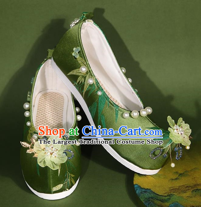Hanfu Shoes Women Handmade Beaded Pearl Flower Ancient Cloth Shoes